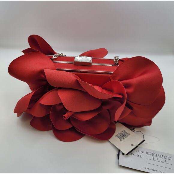 Sondra Roberts Red Evening Flower Purse/Clutch Chain Strap Rhinestone Closure - Picture 10 of 16